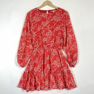 Flying Tomato Red Orange Floral Chiffon Blouson Long Sleeve Dress Womens Small‎